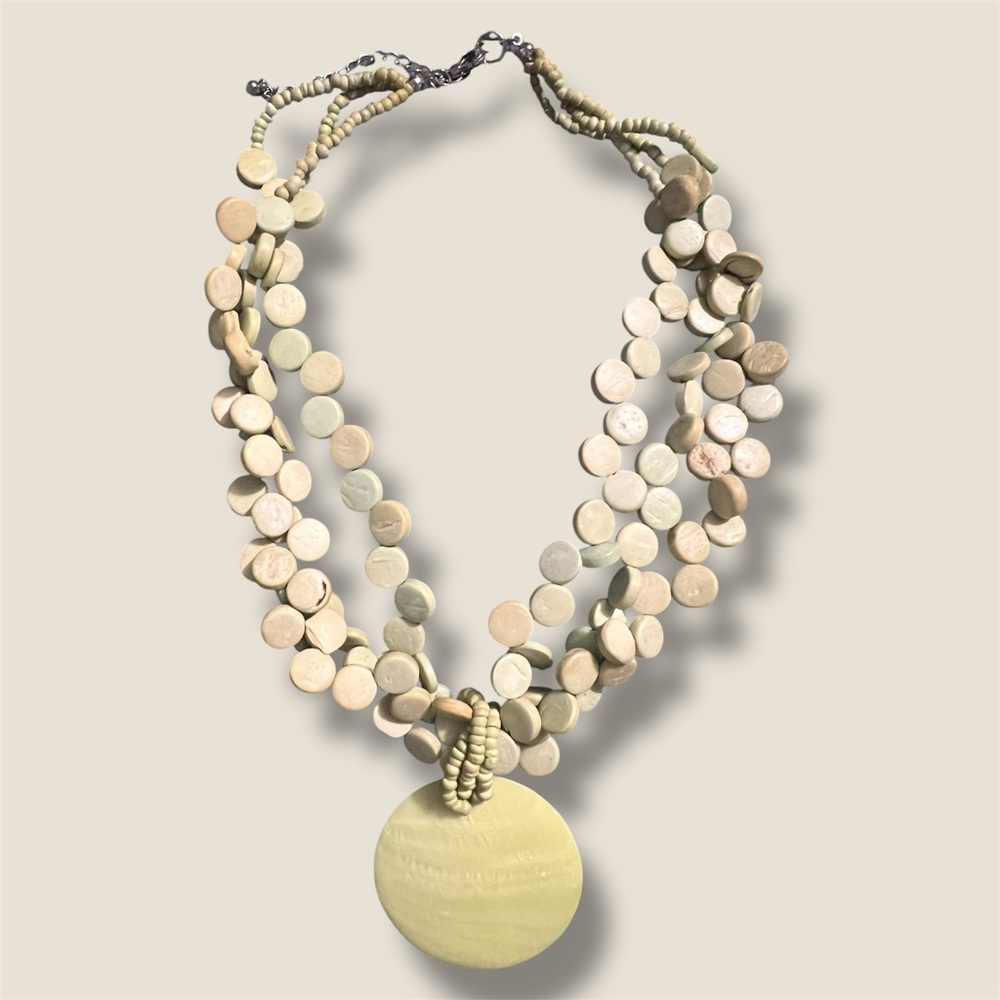 Vintage Multi-Strand Wooded Necklace with Ceramic Pendant.